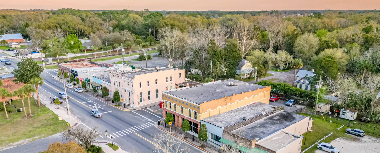 Historic downtown Newberry, Florida with tree-lined streets